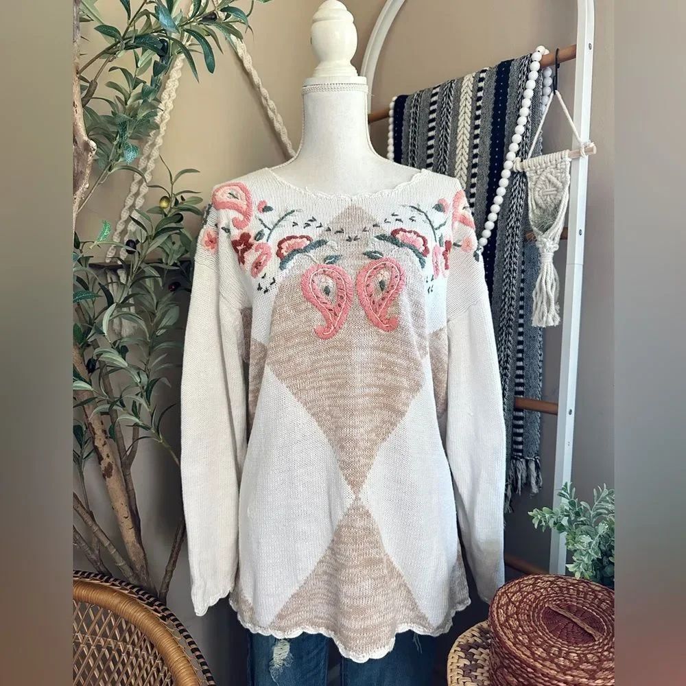Vintage Chrysantheme Embroidered Floral Paisley Sweater Boho Cottagecore 1X